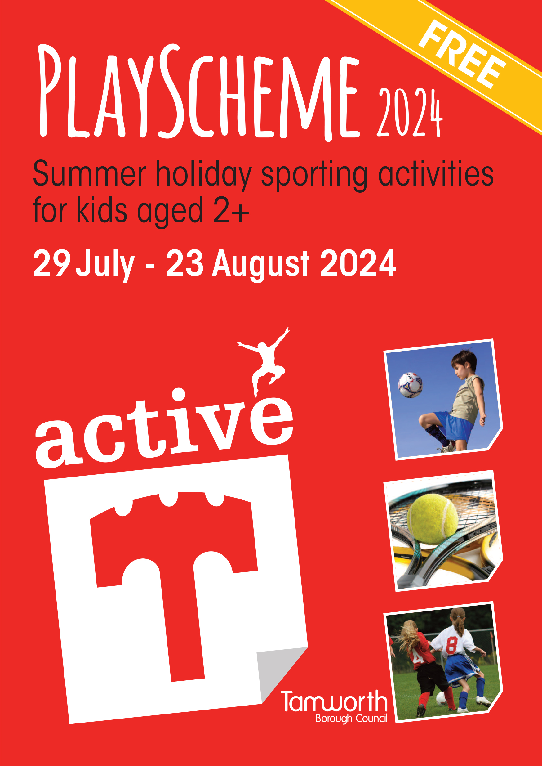 Red cover for playscheme brochure showing dates and active Tamworth logo