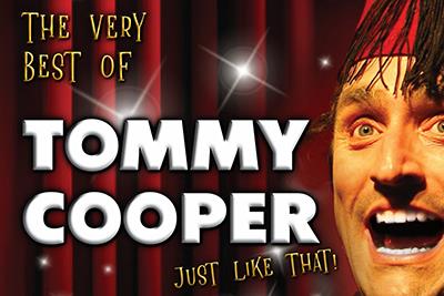 The Very Best of Tommy Cooper title, in front of red curtains and his face to the right wearing a red hat