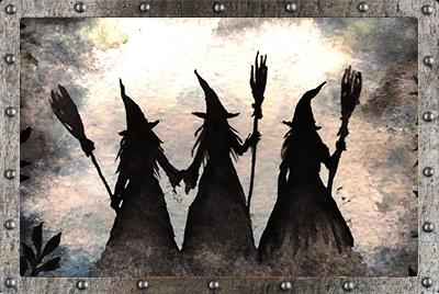 Three blacked-out witches shadows, holding brooms 