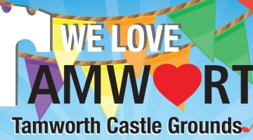 graphic with wording We Love Tamworth on a background of brightly coloured flags